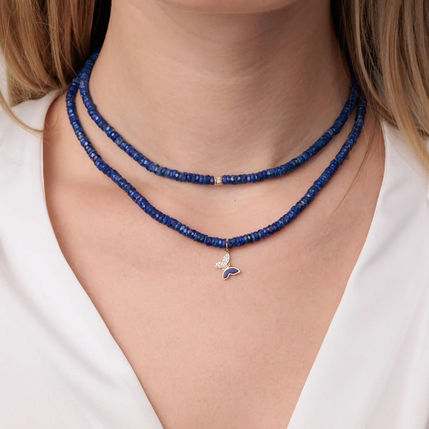 Gold & Diamond Rondelle Lapis Heishi Necklace