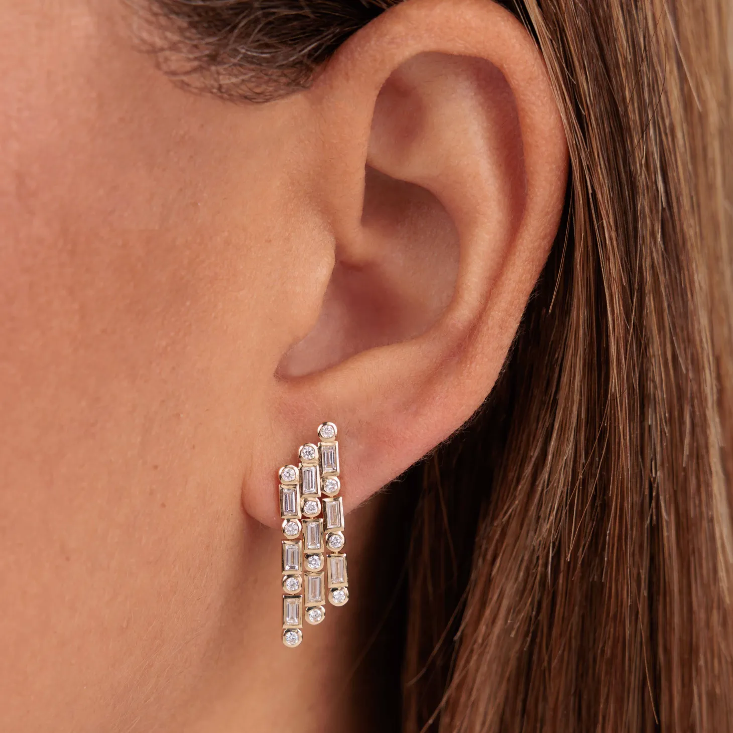 Gold & Diamond Short Baguette Waterfall Earrings
