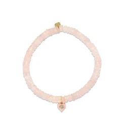 Gold & Diamond Small Carved Stone Heart on Rose Quartz Heishi