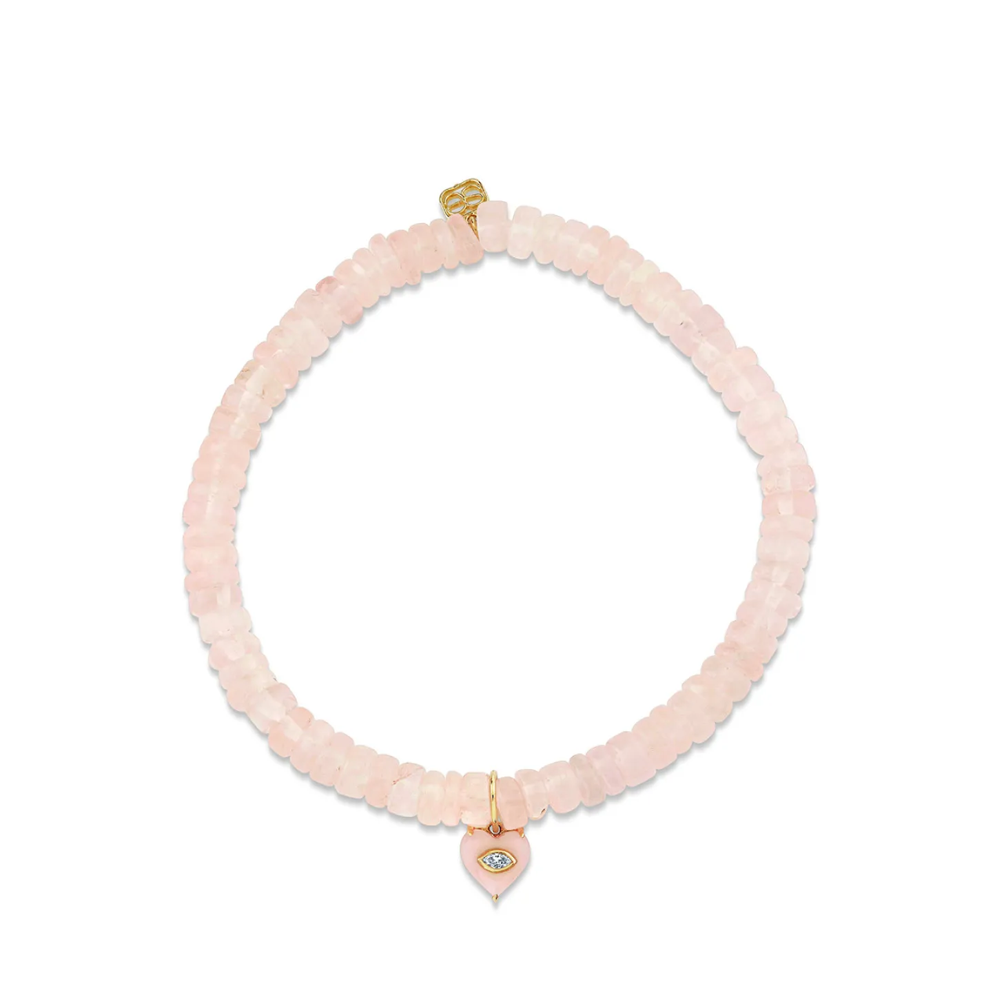 Gold & Diamond Small Carved Stone Heart on Rose Quartz Heishi