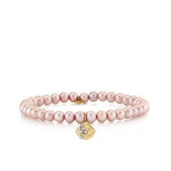 Gold & Diamond Small Clam Shell on Rose Pearls