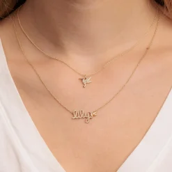 Gold & Diamond Small Custom Script Hummingbird Icon Necklace