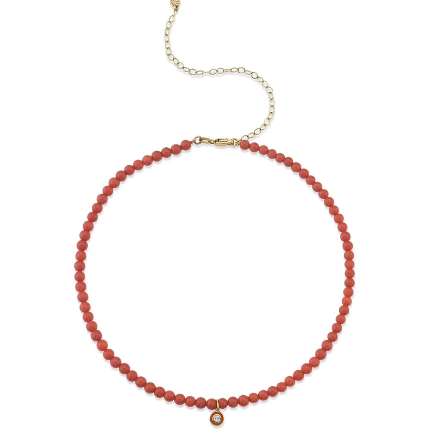 Gold & Diamond Small Enamel Red Bamboo Coral Necklace