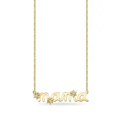 Gold & Diamond Small Mama Script Tiny Daisy Necklace
