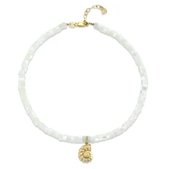 Gold & Diamond Small Nautilus Shell Anklet on Mother of Pearl Heishi