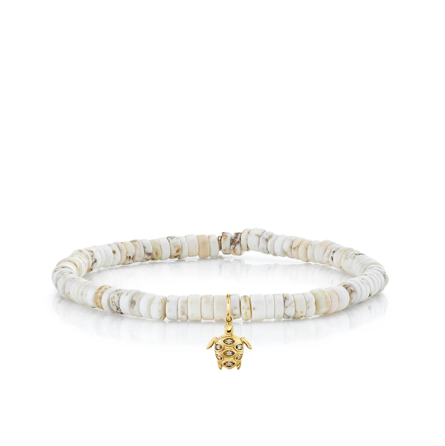 Gold & Diamond Small Turtle on White Turquoise Heishi