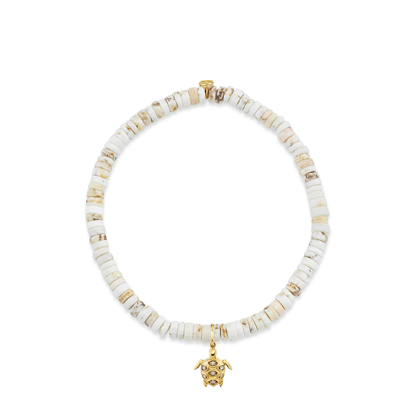 Gold & Diamond Small Turtle on White Turquoise Heishi