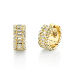 Gold & Diamond Stacked Baguette & Round Bezel Hoops