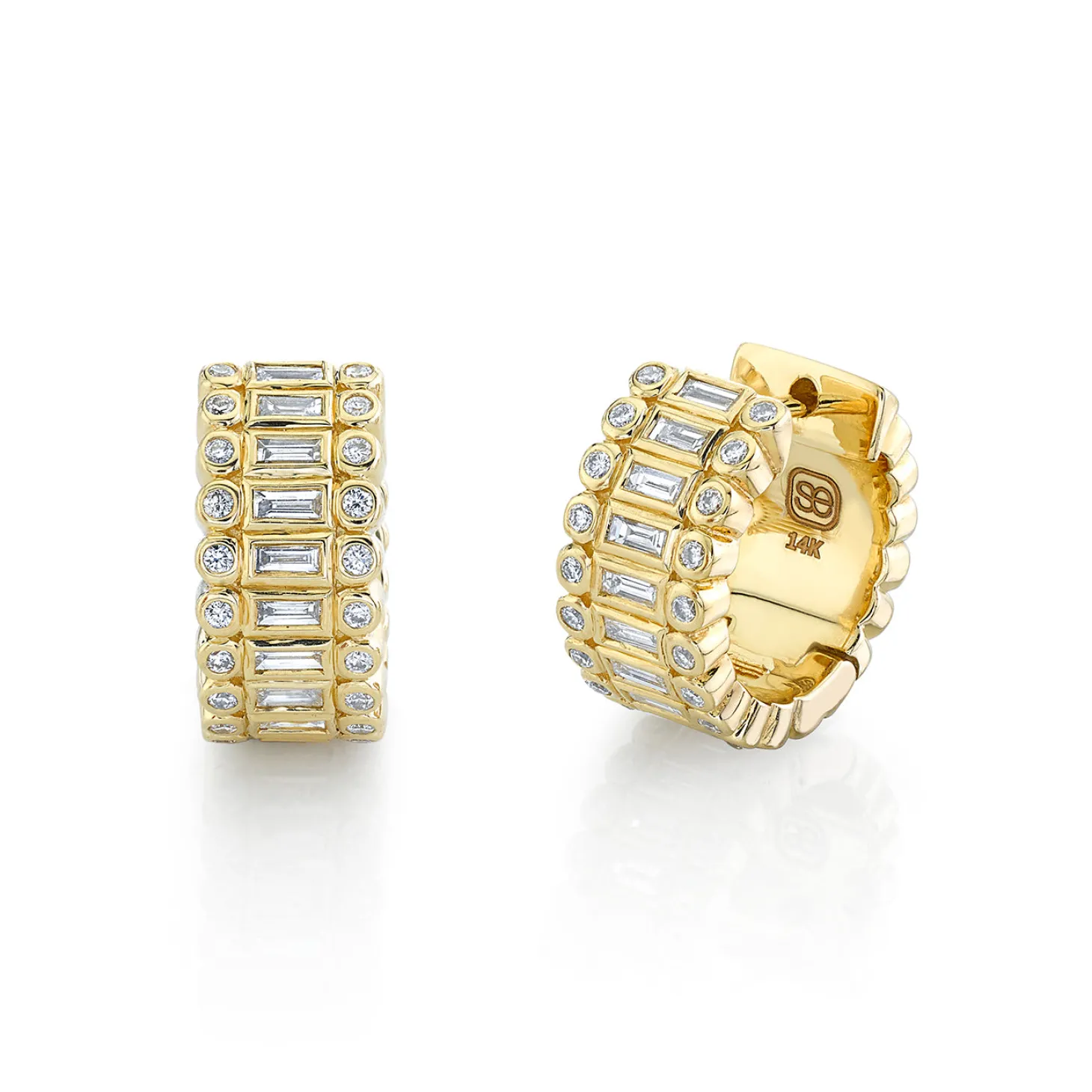 Gold & Diamond Stacked Baguette & Round Bezel Hoops