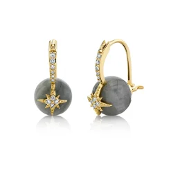 Gold & Diamond Starburst Grey Cat's Eye Earrings