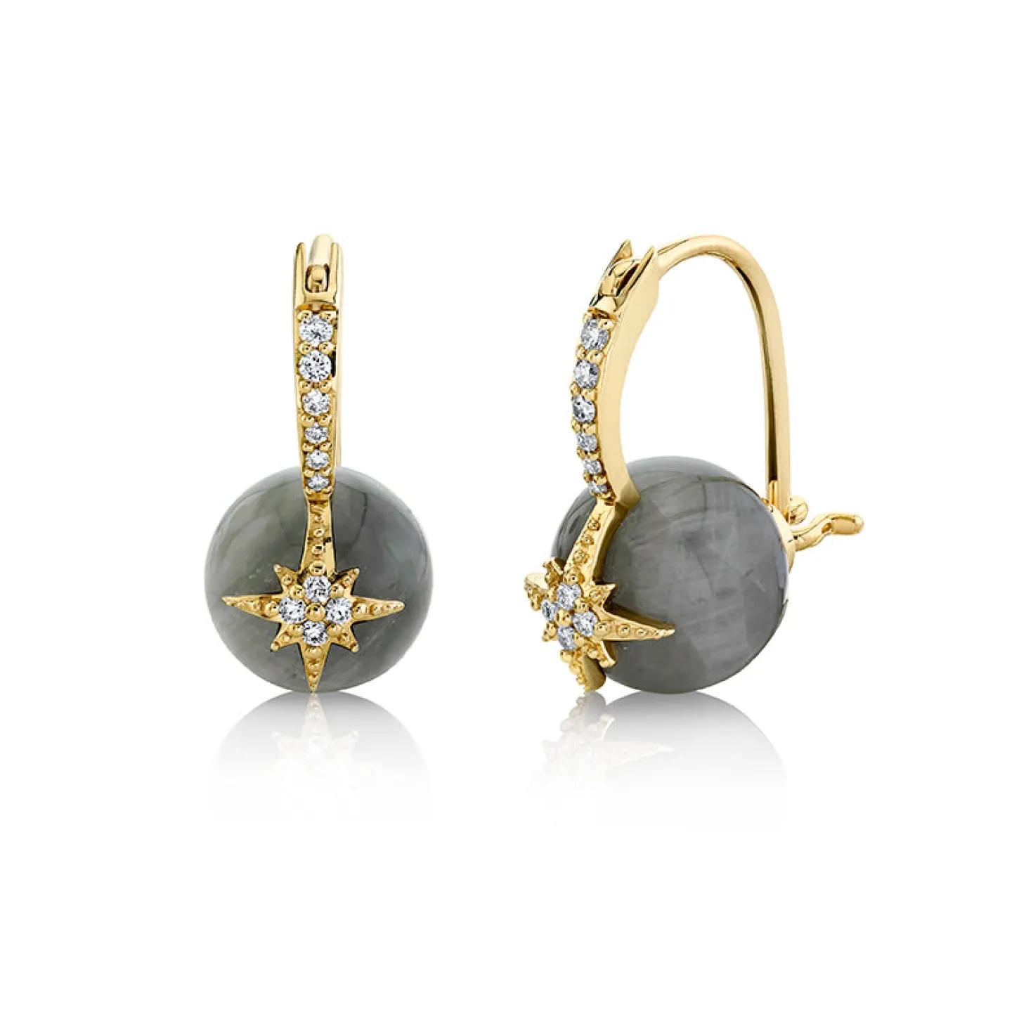 Gold & Diamond Starburst Grey Cat's Eye Earrings