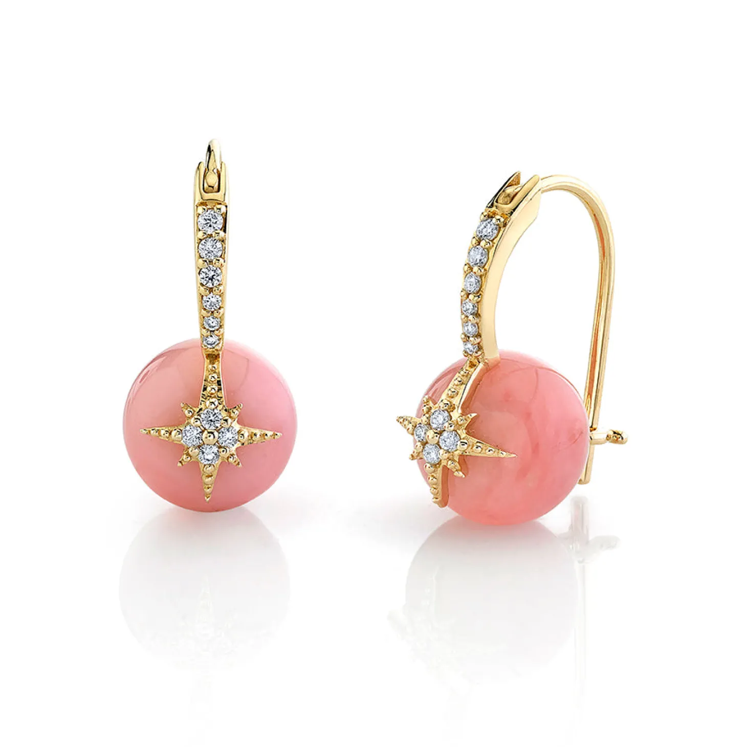 Gold & Diamond Starburst Pink Opal Earrings