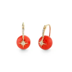 Gold & Diamond Starburst Red Coral Earrings