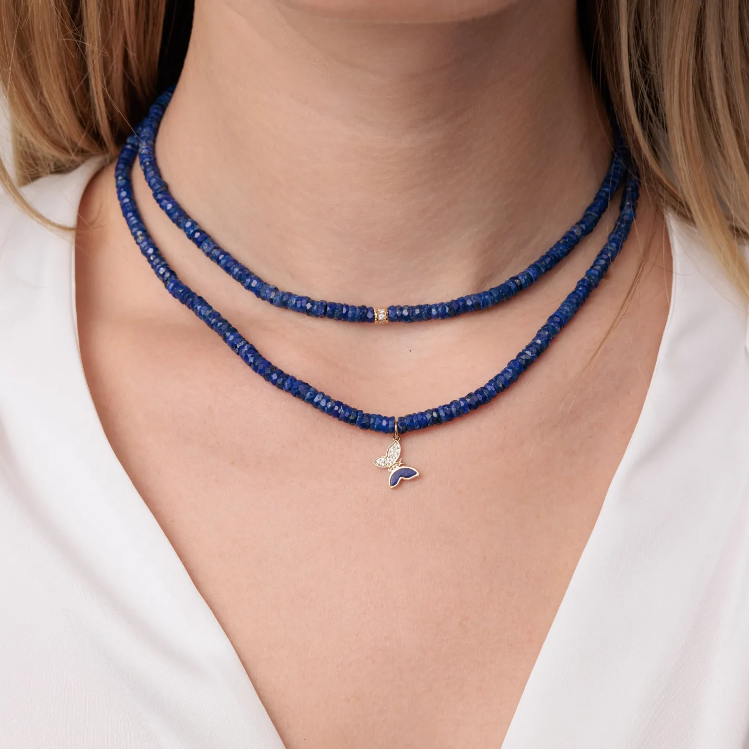 Gold & Diamond Tiny Butterfly Lapis Heishi Necklace