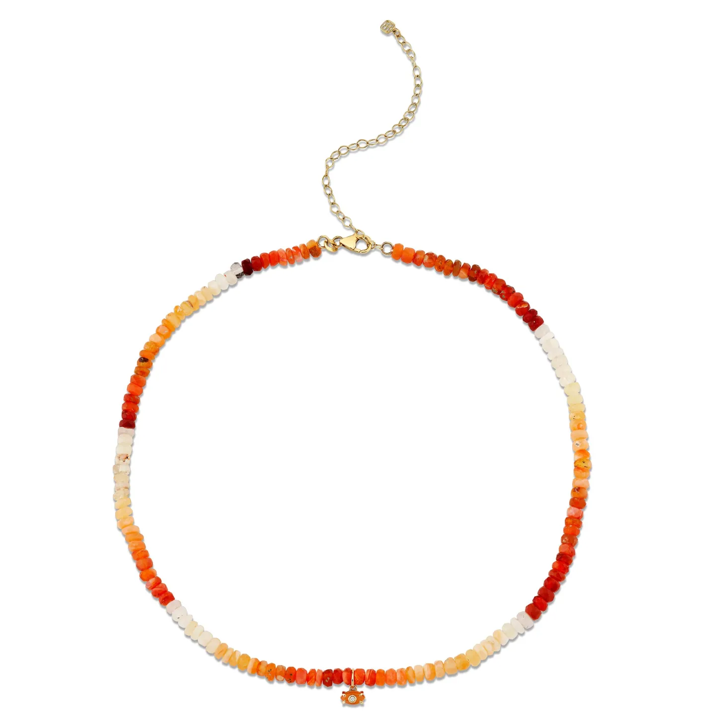 Gold & Diamond Tiny Carved Stone Fire Opal Necklace