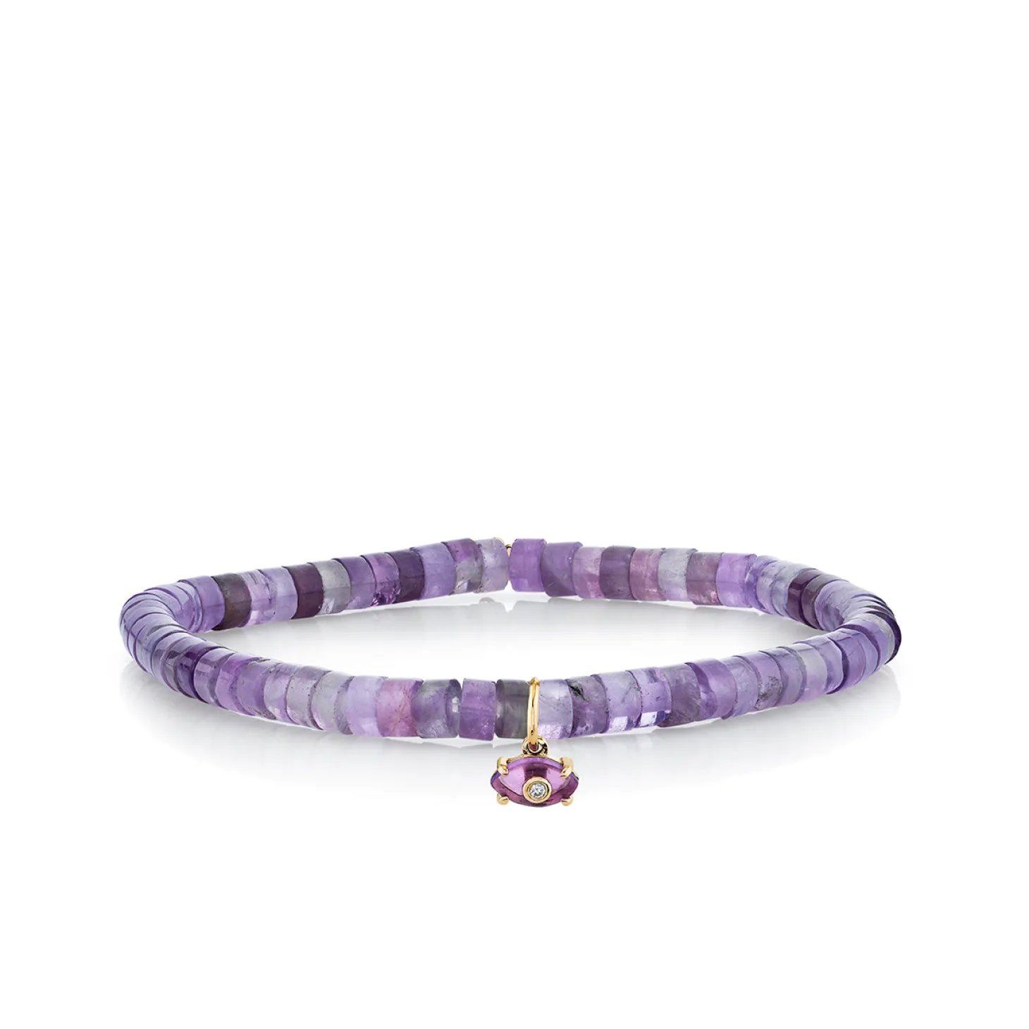 Gold & Diamond Tiny Carved Amethyst Eye on Amethyst Heishi