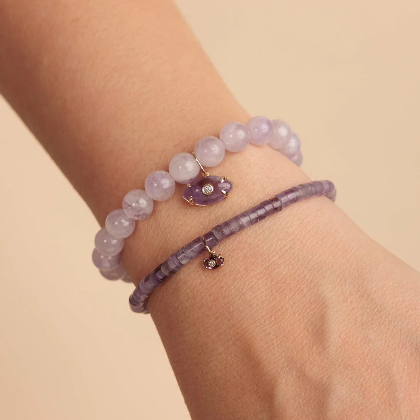 Gold & Diamond Tiny Carved Amethyst Eye on Amethyst Heishi