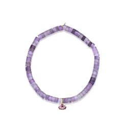 Gold & Diamond Tiny Carved Amethyst Eye on Amethyst Heishi