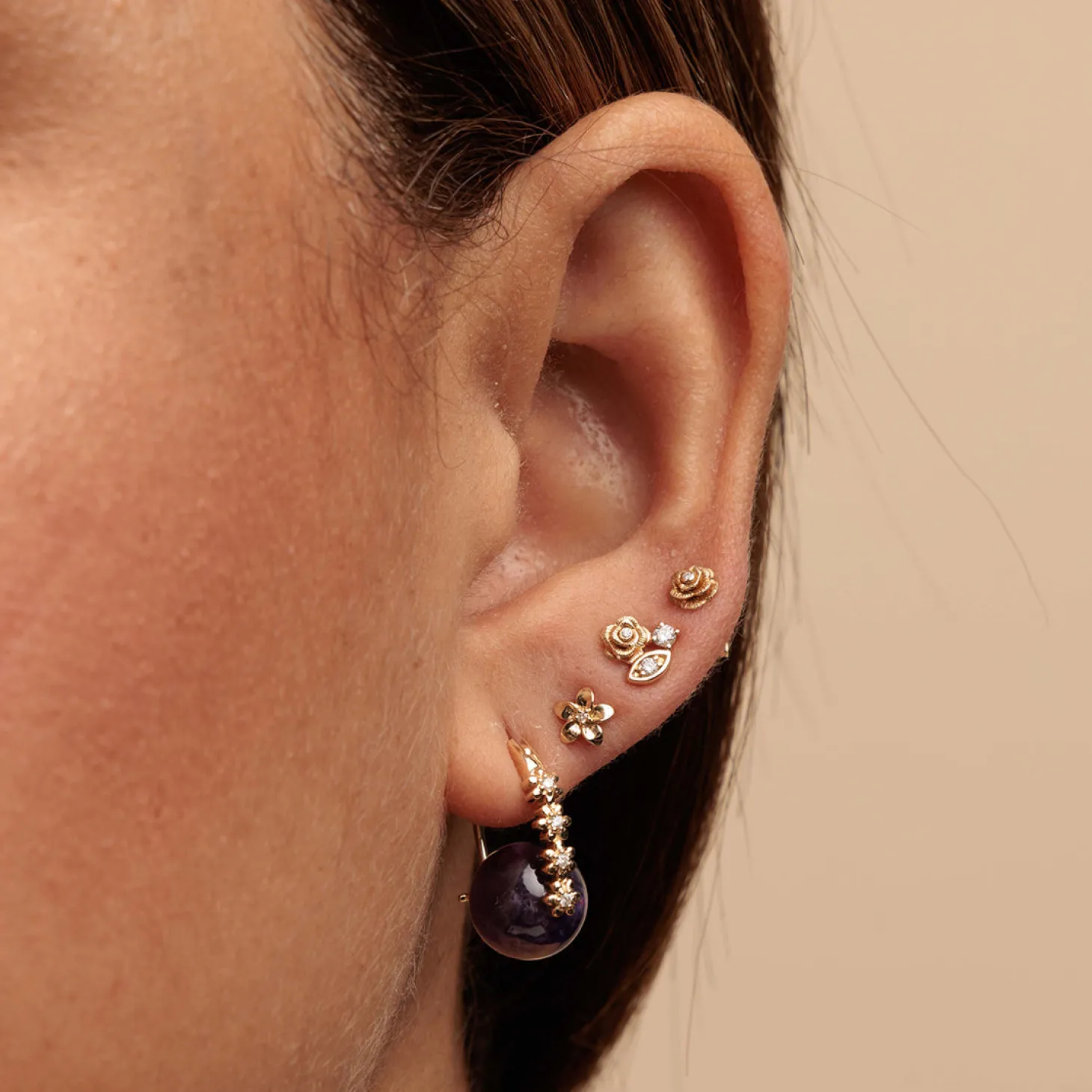 Gold & Diamond Tiny Daisy Amethyst Earrings