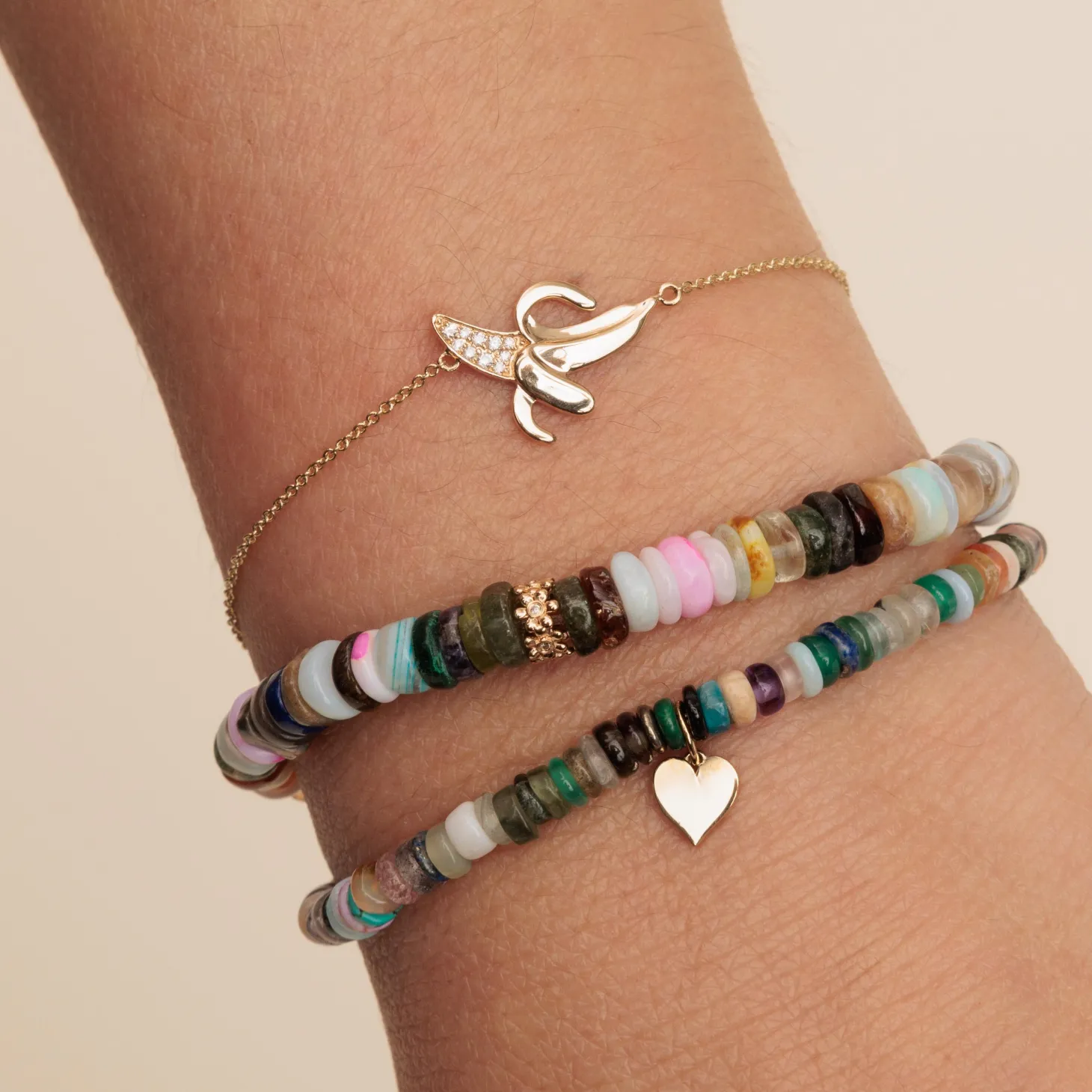 Gold & Diamond Tiny Daisy Rondelle on Rainbow Heishi
