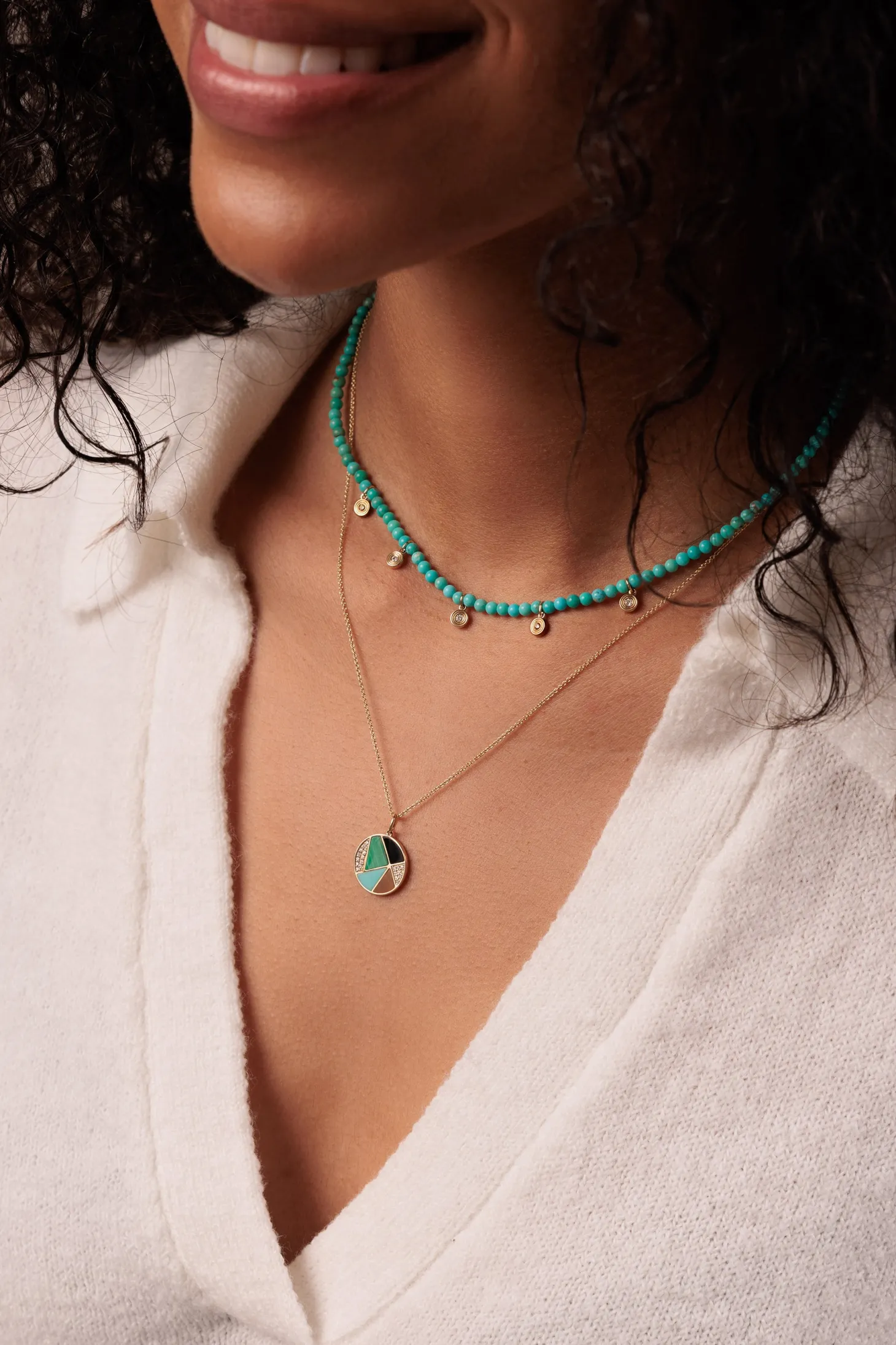 Gold & Diamond Tiny Fluted Charms Turquoise Necklace