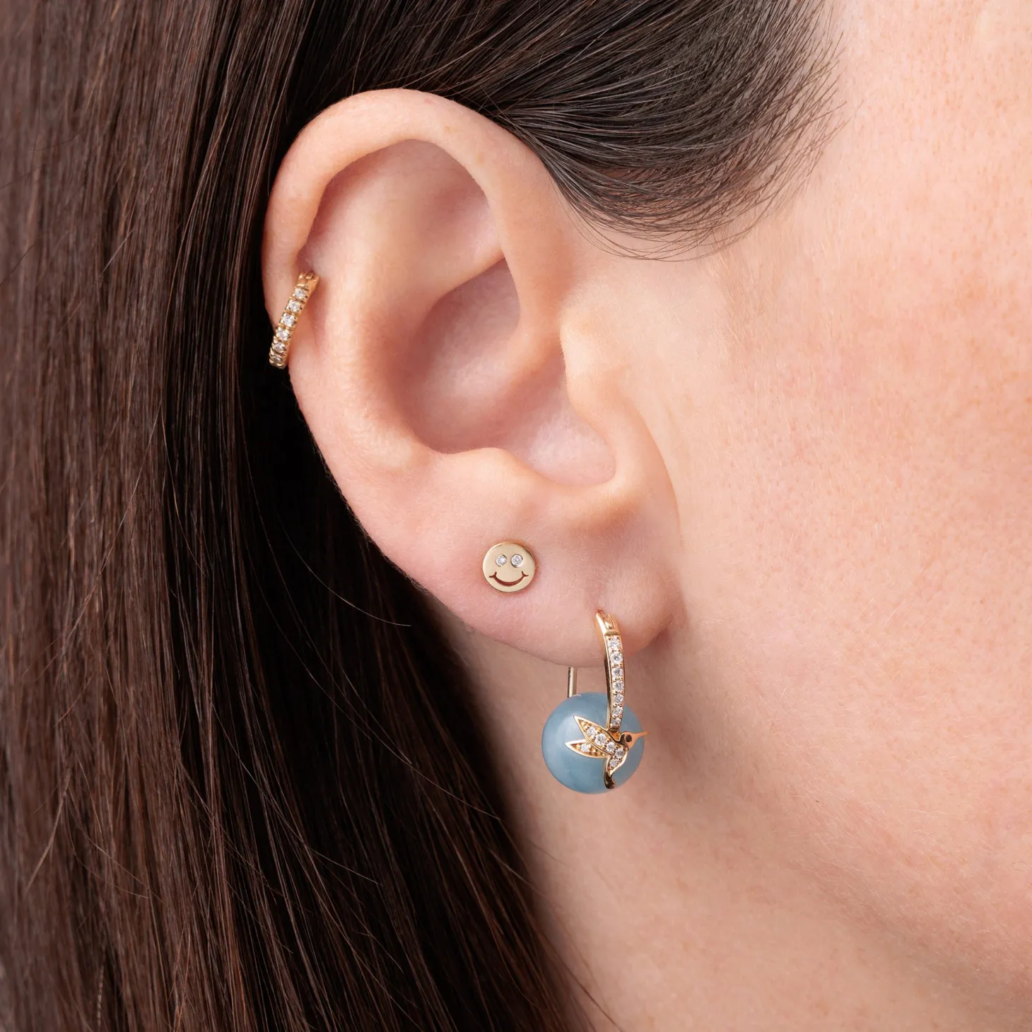 Gold & Diamond Tiny Happy Face Stud