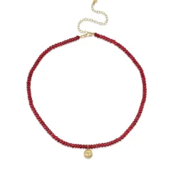 Gold & Diamond Tiny Sitting Buddha Coin on Ruby Bead Choker