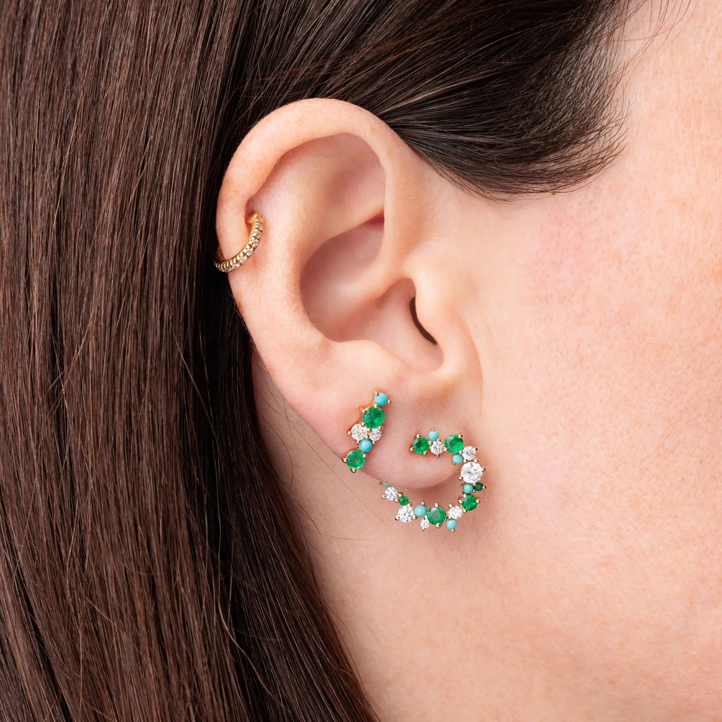 Gold & Diamond Tri Stone Wrap Hoop Earrings