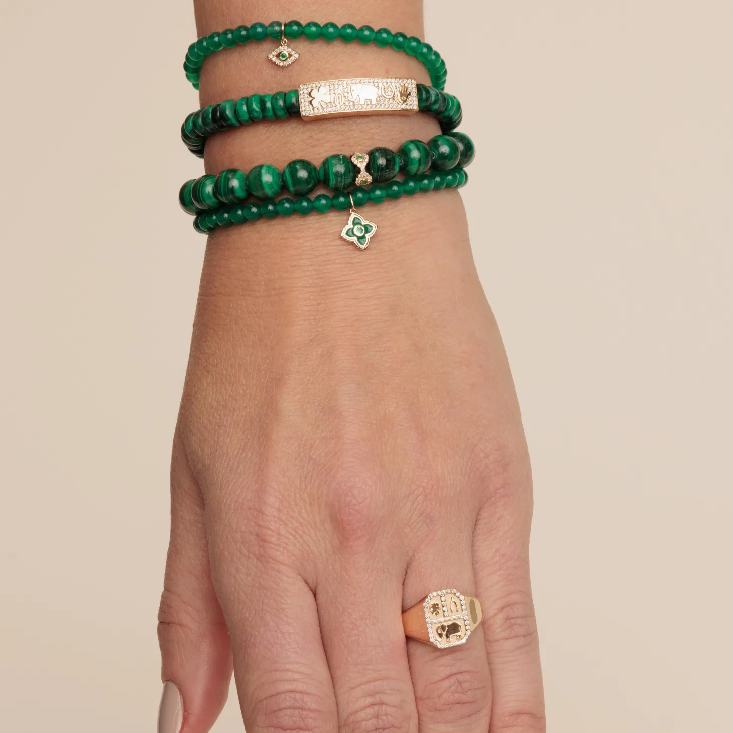 Gold & Emerald Mini Enamel Moroccan Flower on Green Onyx