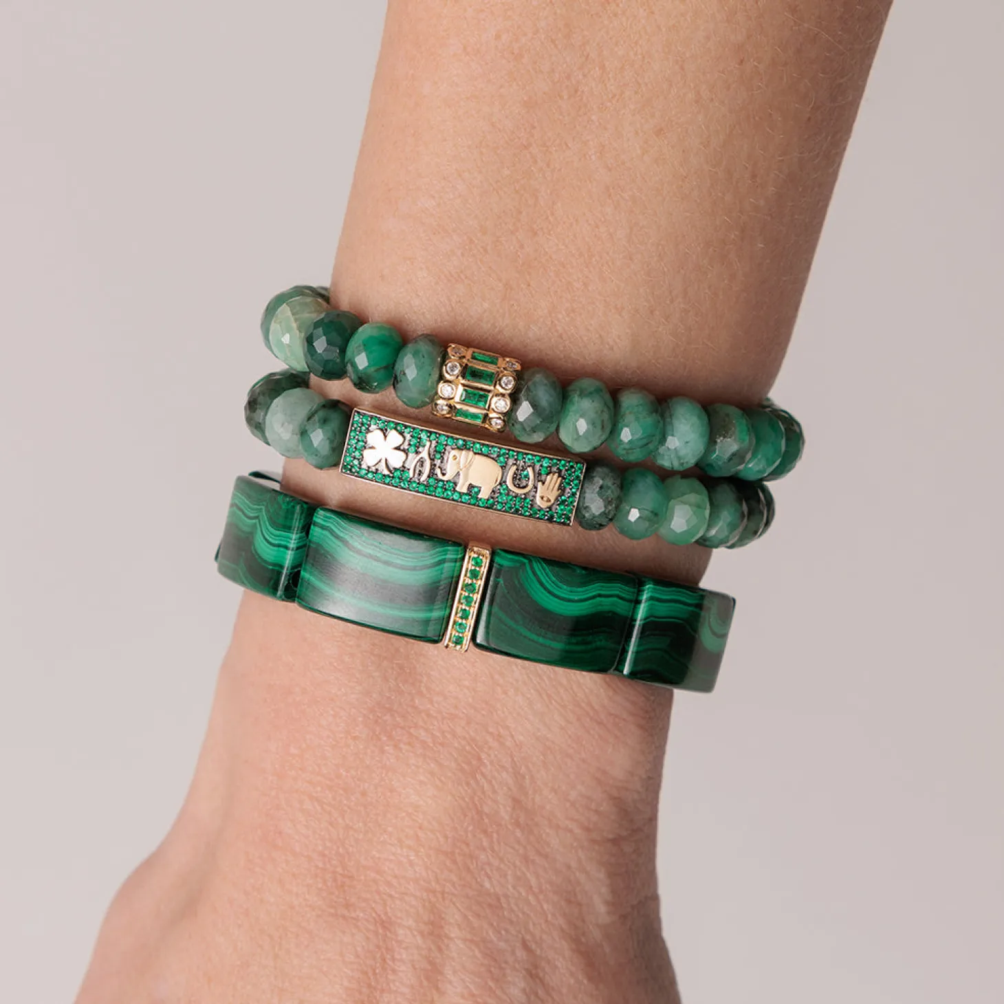 Gold & Emerald Stacked Baguette & Bezel Rondelle on Emerald