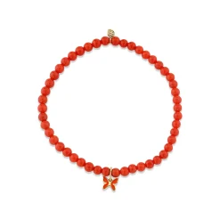 Gold & Enamel Mini Butterfly on Red Bamboo Coral