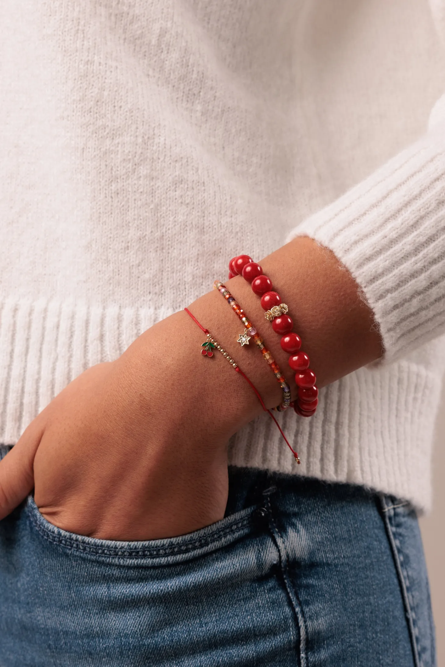 Gold & Enamel Mini Cherry Cord Bracelet