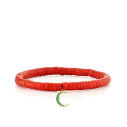 Gold & Enamel Moon on Coral Heishi