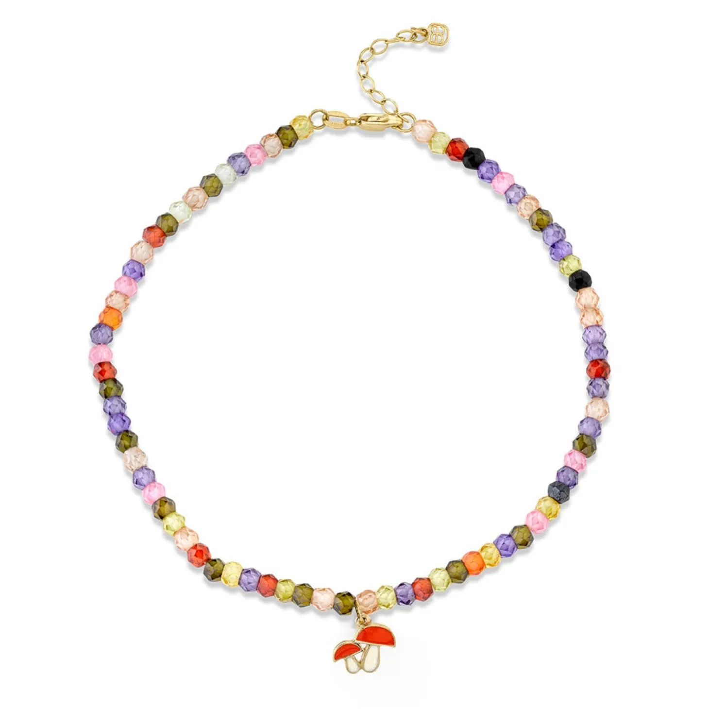 Gold & Enamel Tiny Mushroom Rainbow Zircon Anklet