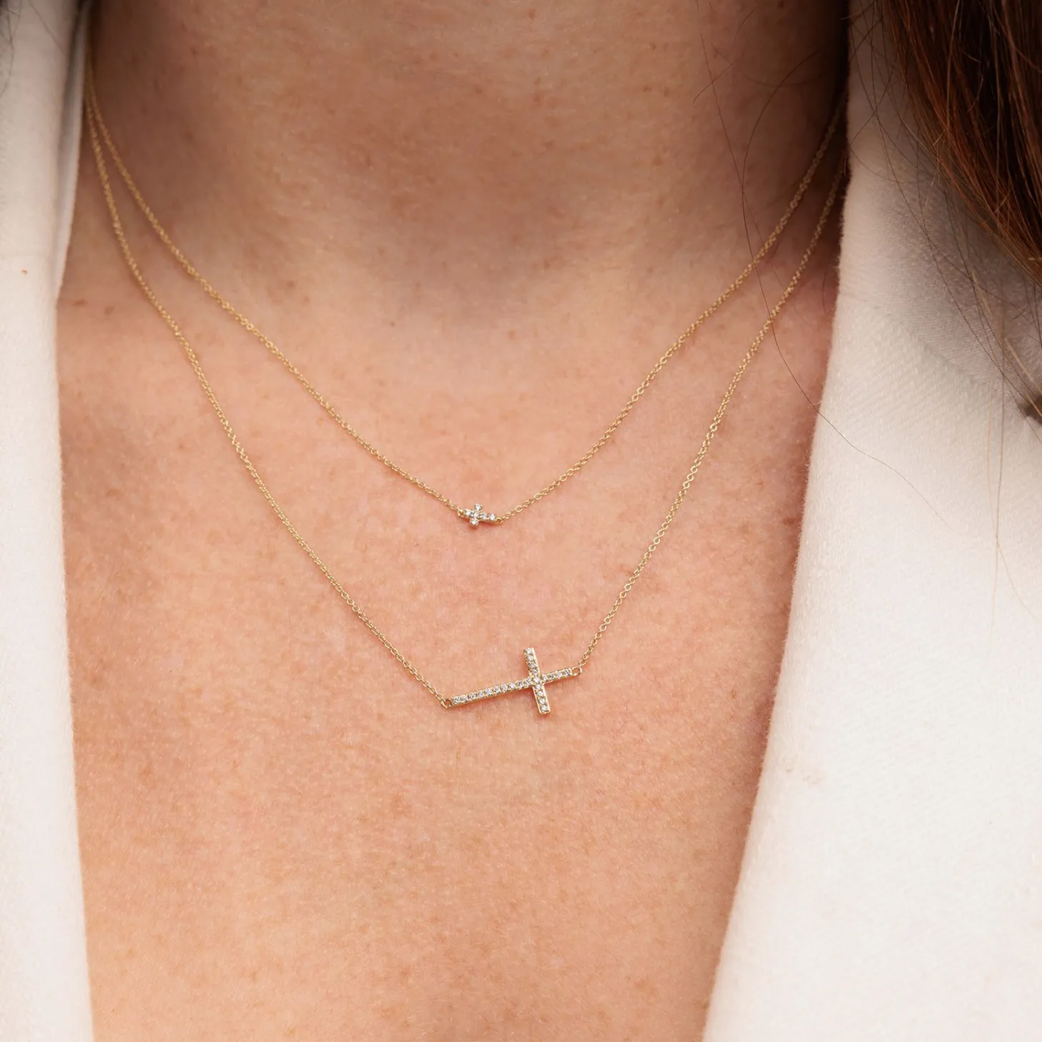 Gold & Pavé Diamond Medium Sideways Cross Necklace