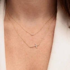 Gold & Pave Diamond Tiny Cross Necklace