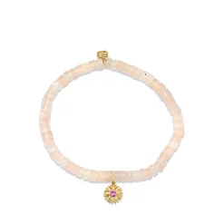 Gold & Pink Sapphire Sunburst on Rose Quartz Heishi