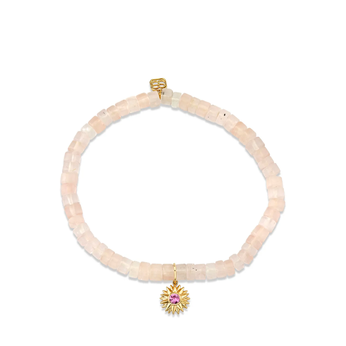 Gold & Pink Sapphire Sunburst on Rose Quartz Heishi