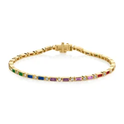 Gold & Rainbow Baguette and Round Bezel Eternity Bracelet