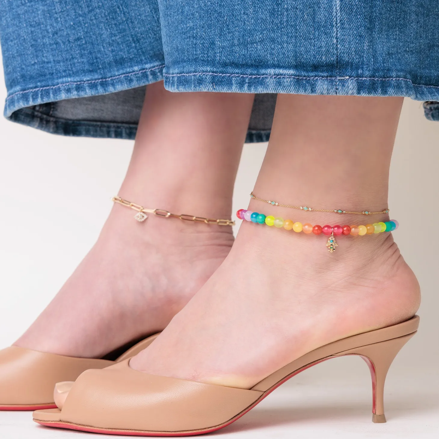 Gold & Rainbow Hamsa Rainbow Jade Anklet