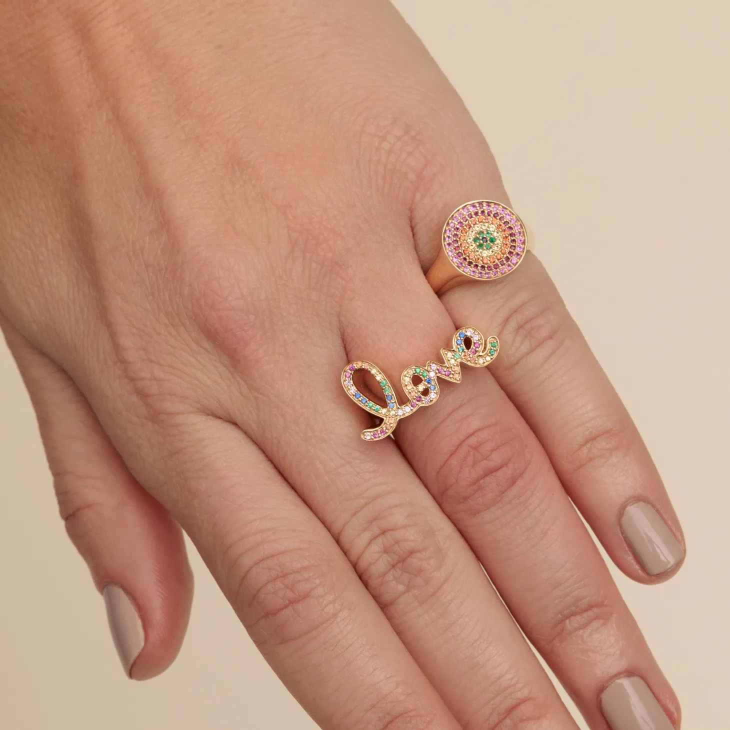 Gold & Rainbow Love Script Block Signet Ring
