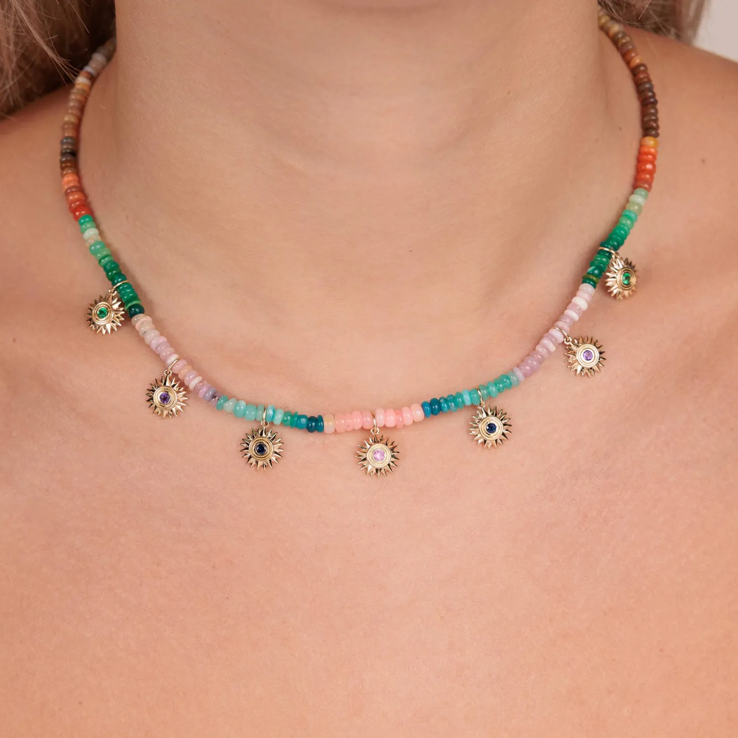 Gold & Rainbow Multi-Charm Sunburst Opal Necklace