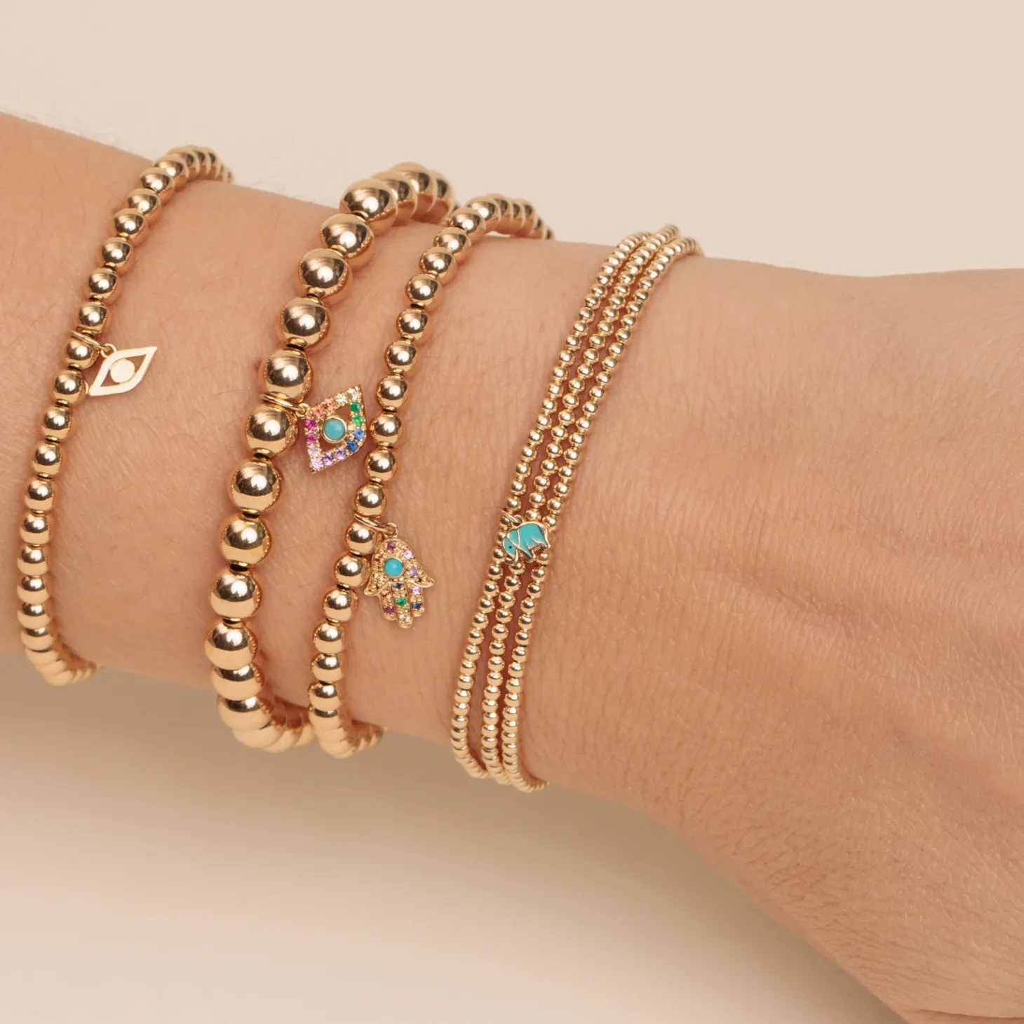 Gold & Rainbow Small Hamsa On Gold Beads