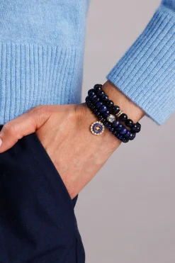 Gold & Sapphire 8mm Scallop Edge Pave Rondelle on Blue Goldstone