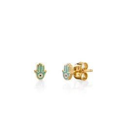 Gold & Turquoise Mini Enamel Hamsa Stud