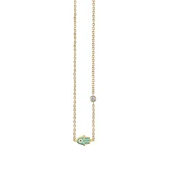 Gold & Turquoise Mini Enamel Hamsa Necklace with Bezel Set Diamond