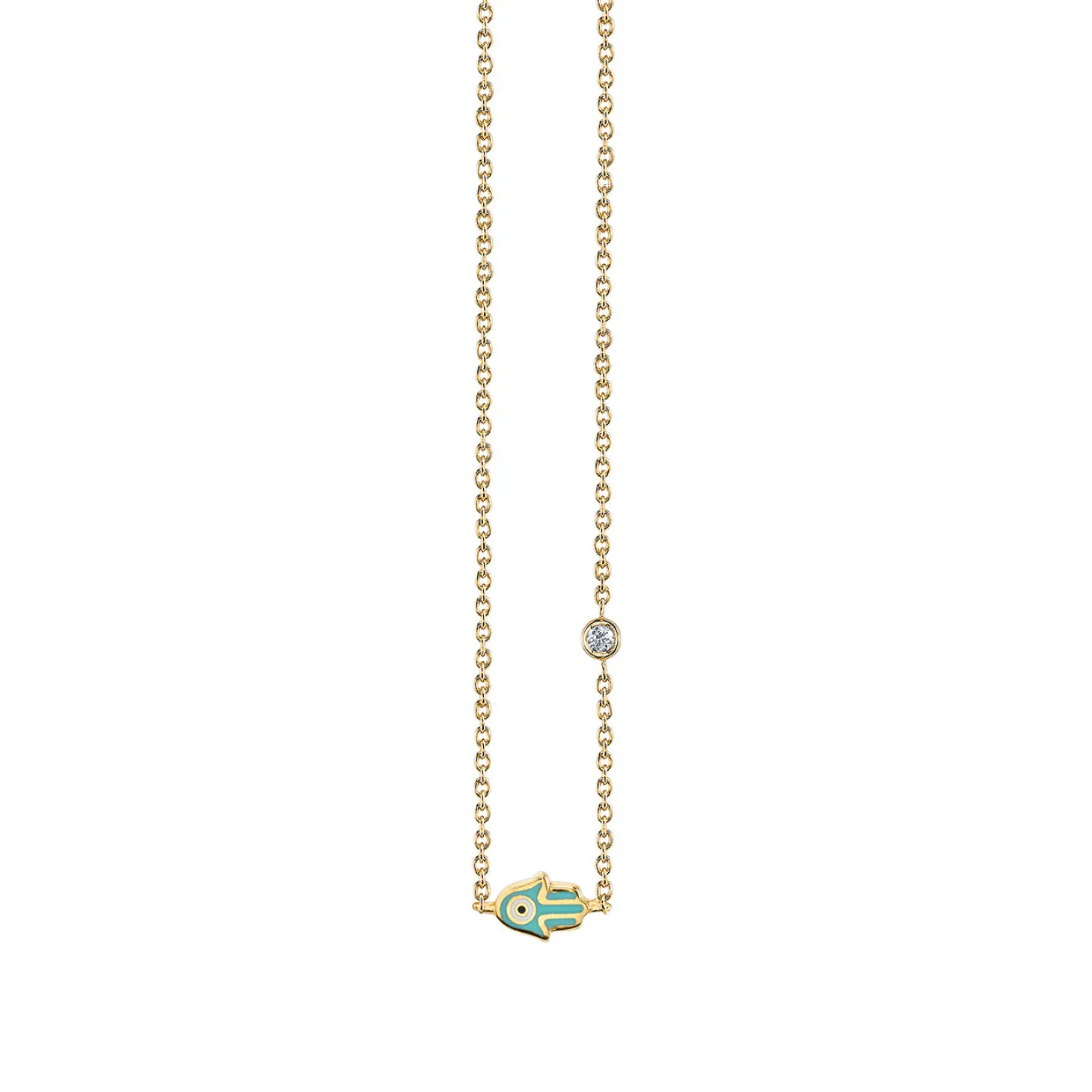 Gold & Turquoise Mini Enamel Hamsa Necklace with Bezel Set Diamond