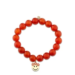Gold, Diamond & Enamel Flower Crown Happy Face on Carnelian