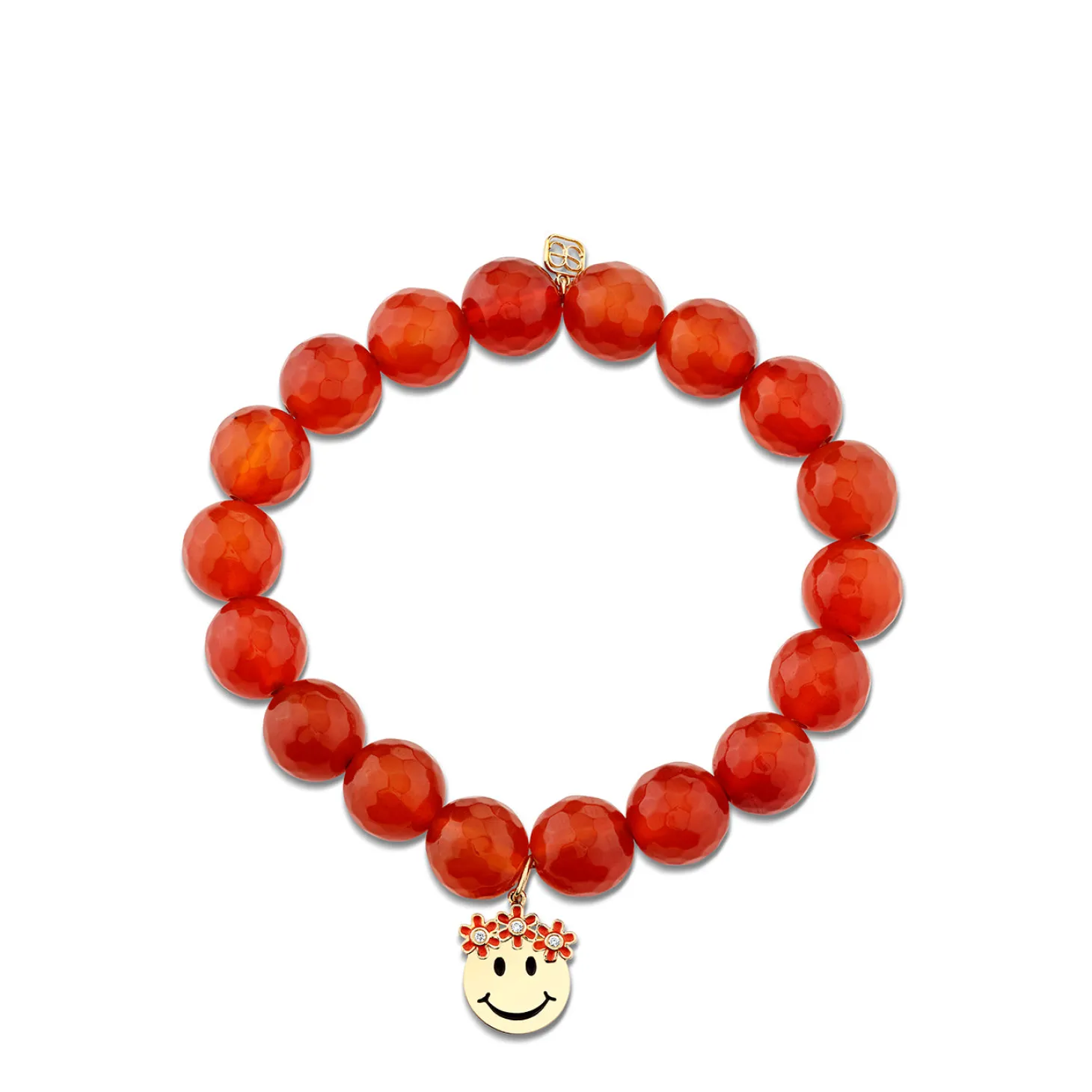 Gold, Diamond & Enamel Flower Crown Happy Face on Carnelian