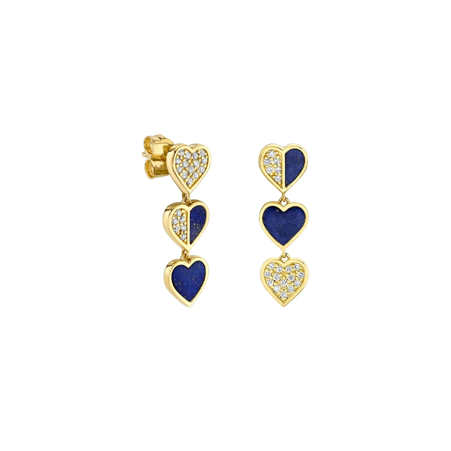 Gold, Diamond & Lapis Three Hearts Stone Inlay Linear Earring